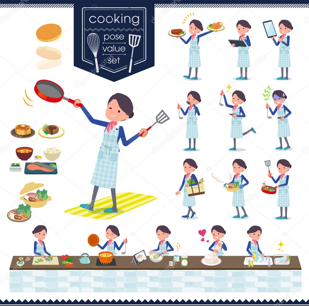 A set of women about cooking.There are actions that are cooking in various ways in the kitchen.It's vector art so it's easy to edit.