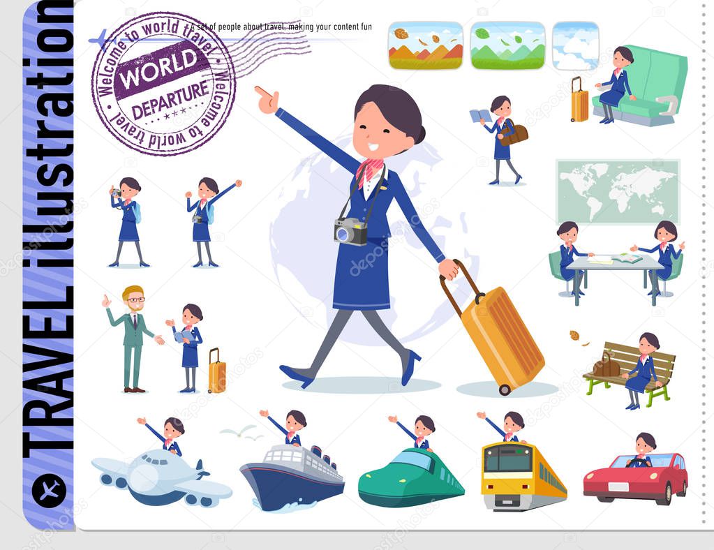 A set of women on travel.There are also vehicles such as boats and airplanes.It's vector art so it's easy to edit.