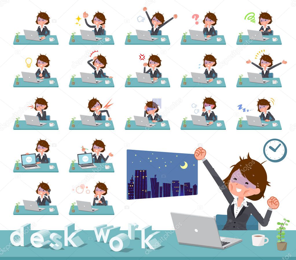 A set of bad condition women on desk work.There are various actions such as feelings and fatigue.It's vector art so it's easy to edit.
