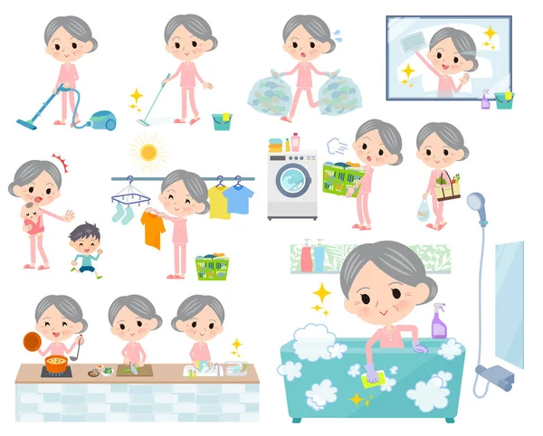 Set Senior Women Related Housekeeping Cleaning Laundry Various Actions Cooking — Stock Vector