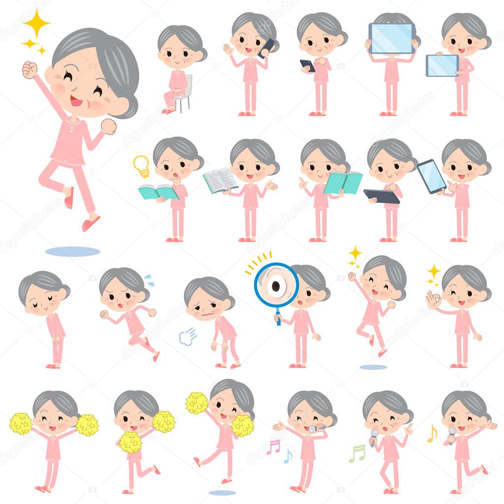 A set of senior women with digital equipment such as smartphones.There are actions that express emotions.It's vector art so it's easy to edit.