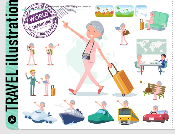 Set Senior Women Travel Also Vehicles Boats Airplanes Vector Art — стоковый вектор