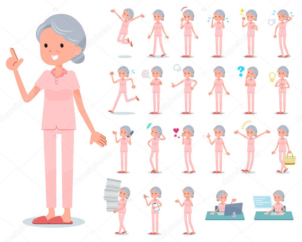 A set of senior women with who express various emotions.There are actions related to workplaces and personal computers.It's vector art so it's easy to edit.