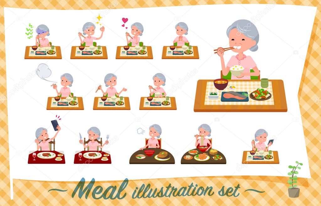 A set of senior women about meals.Japanese and Chinese cuisine, Western style dishes and so on.It's vector art so it's easy to edit.