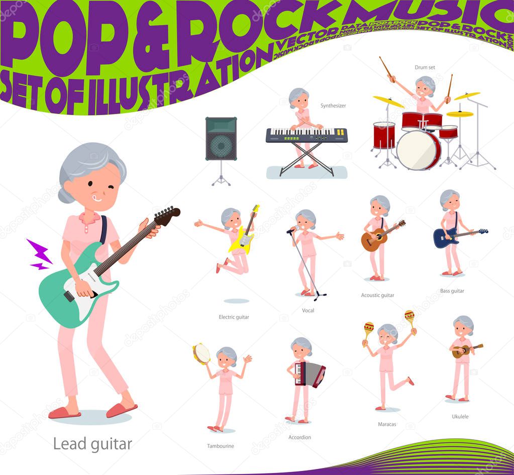 A set of senior women playing rock 'n' roll and pop music.There are also various instruments such as ukulele and tambourine.It's vector art so it's easy to edit.