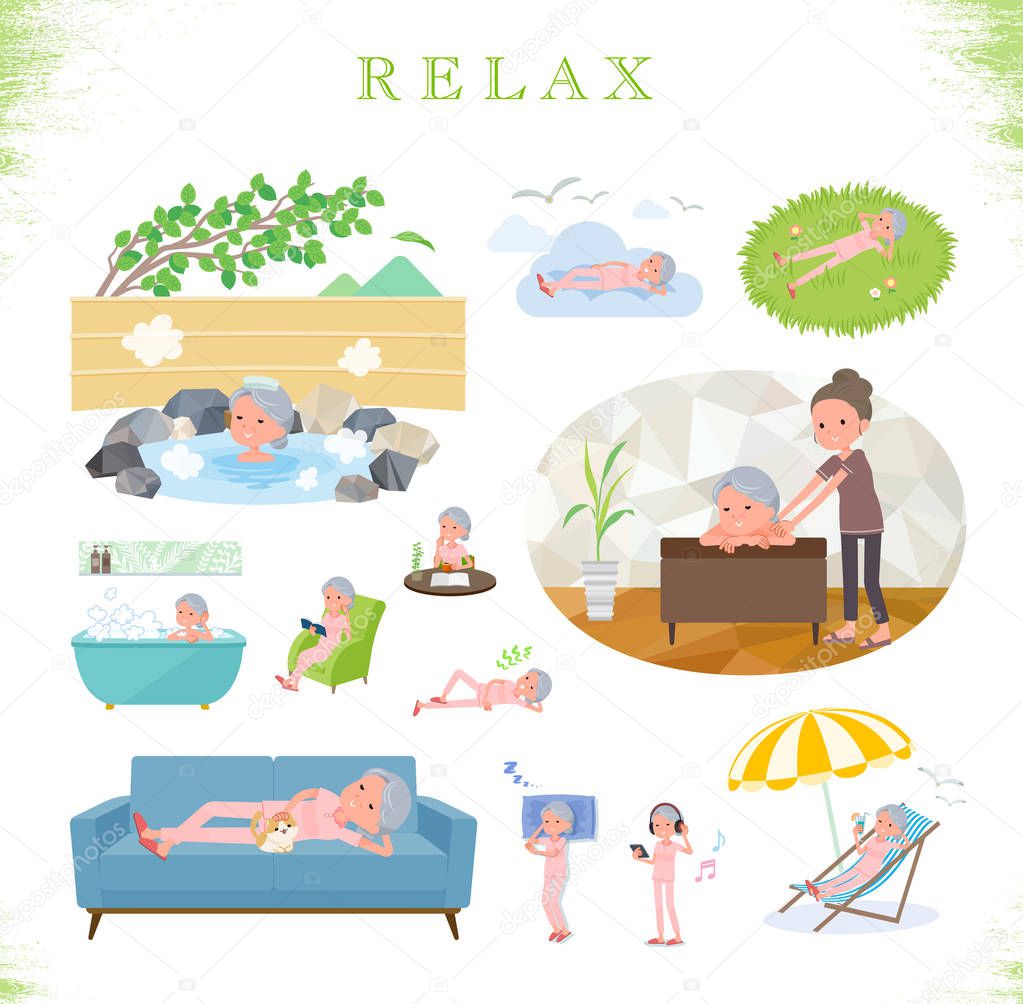 A set of senior women about relaxing.There are actions such as vacation and stress relief.It's vector art so it's easy to edit.