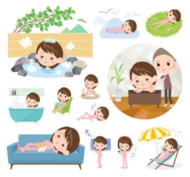 Rahatlatıcı hakkında hasta kadın kümesi. Tatil ve stres kabartma gibi eylemler vardır. Böylece düzenlemek kolaydır vektör sanat değil.