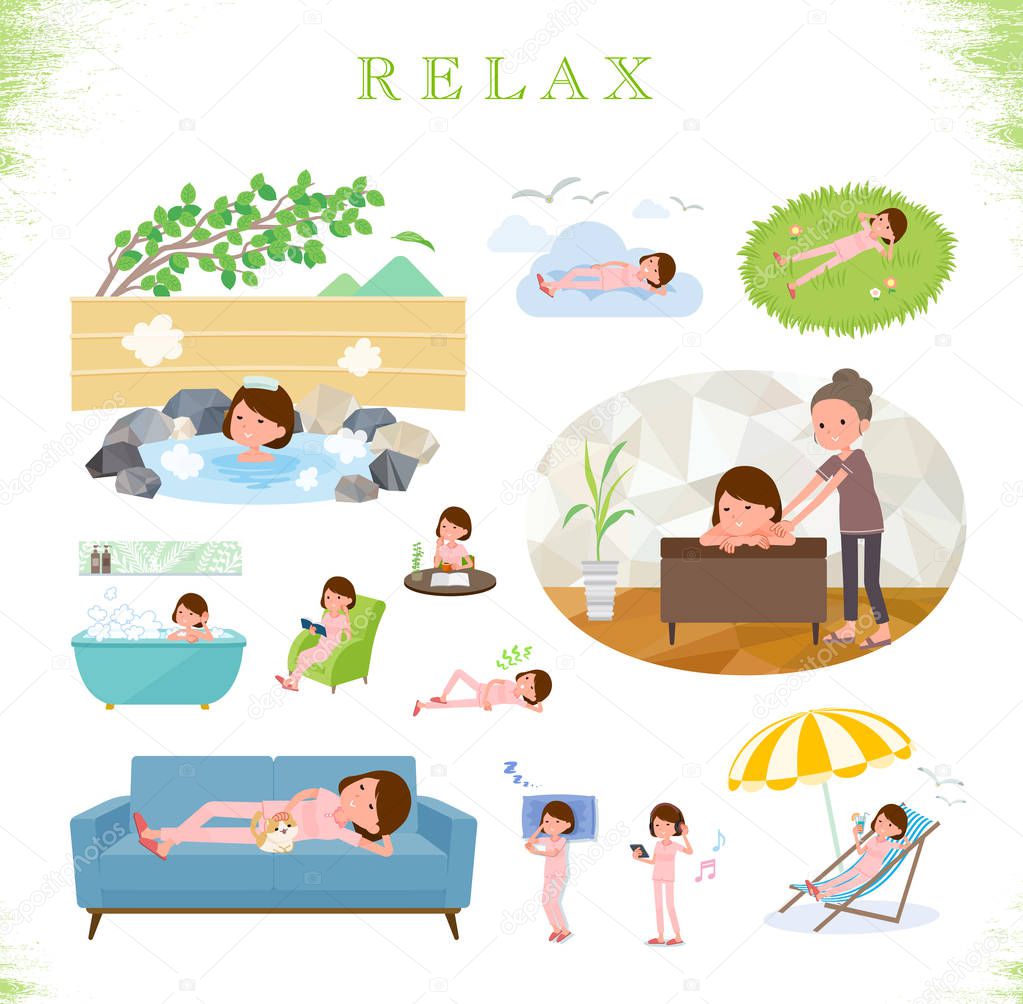 A set of young women about relaxing.There are actions such as vacation and stress relief.It's vector art so it's easy to edit.