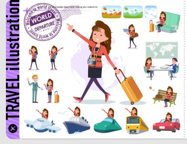 Bir dizi Seyahat 90's elbiseli kadın. Tekneler ve uçaklar gibi araçlar da vardır. Böylece düzenlemek kolaydır vektör sanat değil.