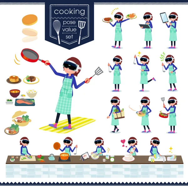 一連の仮想現実を身に着けている女性は 調理についてゴーグルします 台所でさまざまな方法で調理している動作があります それのベクトル アートなので それは簡単に編集するには — ストックベクタ