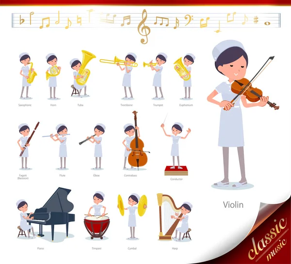Set Nurse Women Classical Music Performances Actions Play Various Instruments — Stock Vector