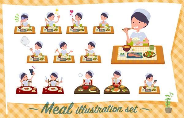 Una Serie Donne Infermiera Sui Pasti Cucina Giapponese Cinese Piatti — Vettoriale Stock
