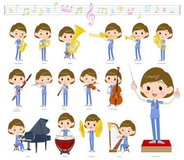 Cerrahi doktor kadın klasik müzik performansları üzerinde kümesi. Eylem çeşitli aletleri yaylı aletler ve rüzgar aletleri gibi oynamak için vardır. Böylece düzenlemek kolaydır vektör sanat değil.