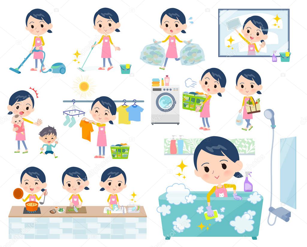 A set of Childminder women related to housekeeping such as cleaning and laundry.There are various actions such as cooking and child rearing.It's vector art so it's easy to edit.