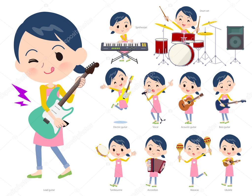 A set of Childminder women playing rock 'n' roll and pop music.There are also various instruments such as ukulele and tambourine.It's vector art so it's easy to edit.