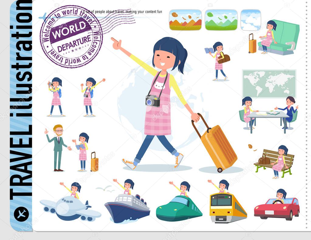 A set of Childminder women on travel.There are also vehicles such as boats and airplanes.It's vector art so it's easy to edit.