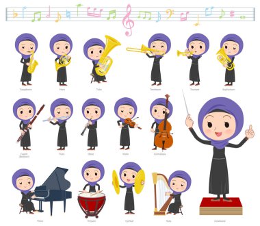 Klasik müzik performansları hijab giyen kadınlar kümesi. Eylem çeşitli aletleri yaylı aletler ve rüzgar aletleri gibi oynamak için vardır. Böylece düzenlemek kolaydır vektör sanat değil.