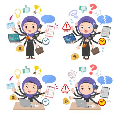 Ofiste çoklu görevler gerçekleştiren hijab giyen kadınlar kümesi. Sorunsuz yapmam gerekenler ve bu panik içinde bir desen vardır. Böylece düzenlemek kolaydır vektör sanat değil.