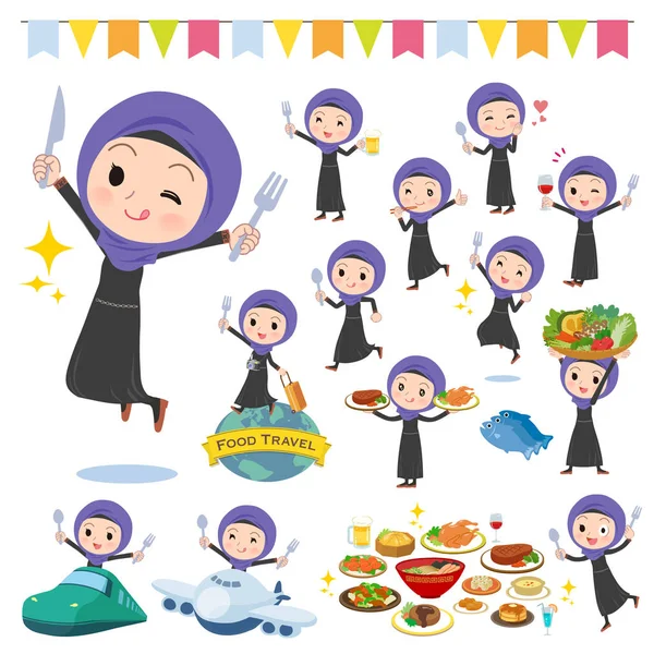Gıda Olaylara Hijab Giyen Kadınlar Kümesi Bir Çatal Kaşıkla Eğlenceli — Stok Vektör