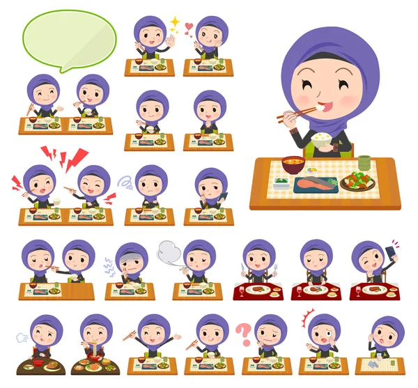 Set Women Wearing Hijab Meals Japanese Chinese Cuisine Western Style — Stock Vector