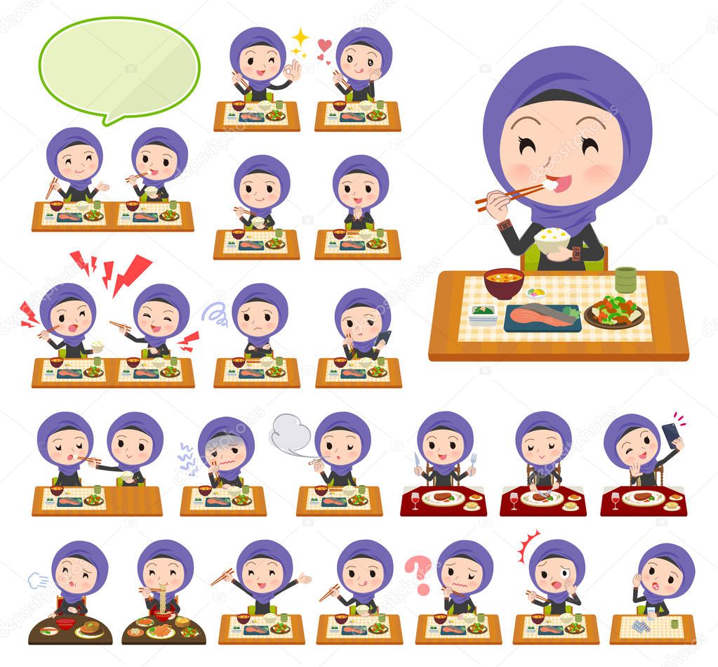 A set of women wearing hijab about meals.Japanese and Chinese cuisine, Western style dishes and so on.It's vector art so it's easy to edit.