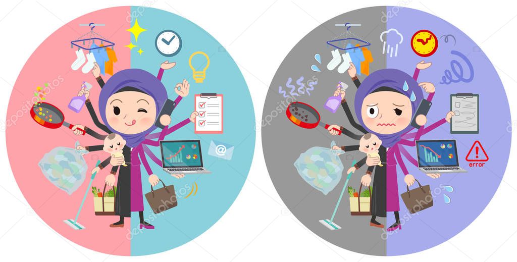 A set of women wearing hijab who perform multitasking in offices and private.There are things to do smoothly and a pattern that is in a panic.It's vector art so it's easy to edit.
