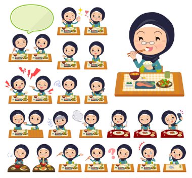 Eski yemek hakkında hijab giyen kadınlar kümesi. Japon ve Çin mutfağı, ve benzeri Batı tarzı yemekleri. Böylece düzenlemek kolaydır vektör sanat değil.