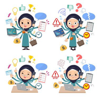 Eski hijab giyen kadın ofiste çoklu görevler gerçekleştiren kümesi. Sorunsuz yapmam gerekenler ve bu panik içinde bir desen vardır. Böylece düzenlemek kolaydır vektör sanat değil.