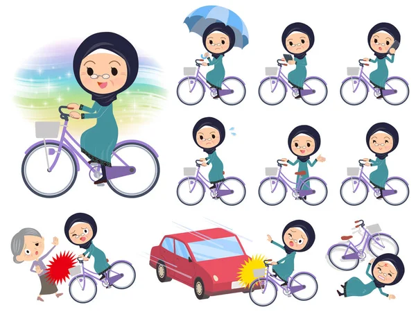 Satu Set Wanita Tua Mengenakan Jilbab Naik Cycle Sebuah Tindakan - Stok Vektor