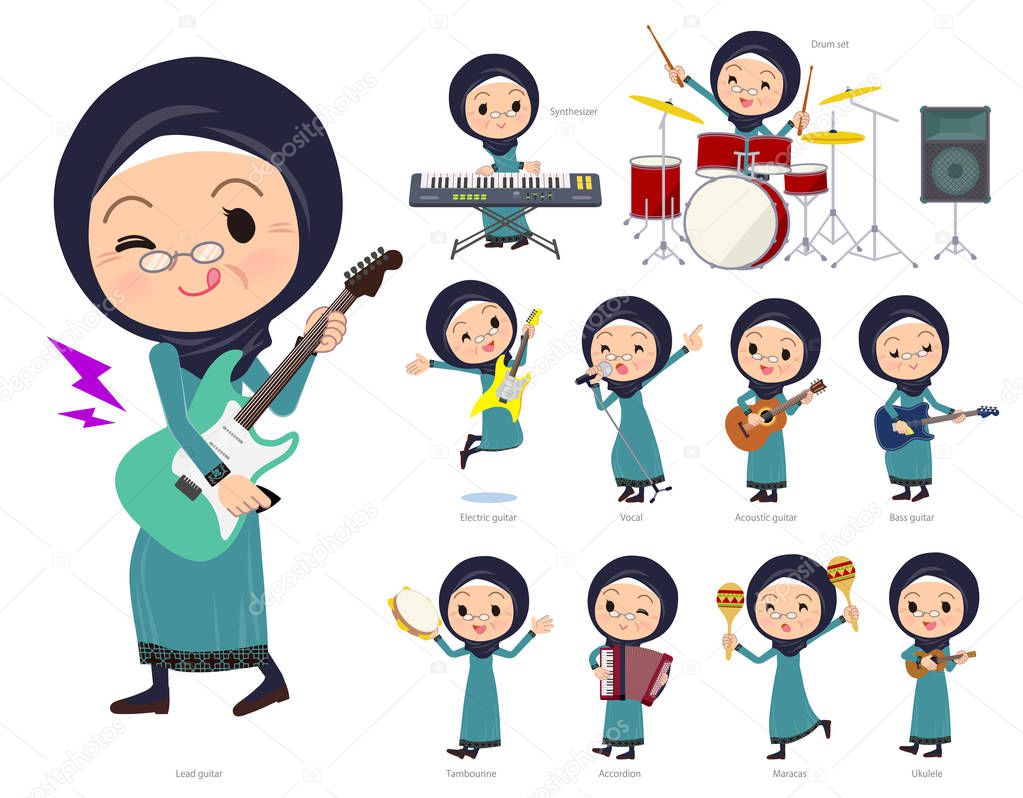 A set of old women wearing hijab playing rock 'n' roll and pop music.There are also various instruments such as ukulele and tambourine.It's vector art so it's easy to edit.
