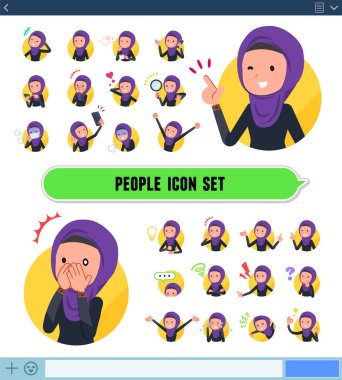 Bir dizi ile hijab giyen kadınlar Sns ekrandaki çeşitli duygular ifade eder. Sevinç ve üzüntü gibi duyguların varyasyon vardır. Böylece düzenlemek kolaydır vektör sanat değil.