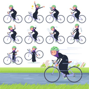 Bir dizi üzerinde bir yol bisikleti hijab giyen kadınlar. Keyif alıyor bir eylem vardır. Böylece düzenlemek kolaydır vektör sanat değil.