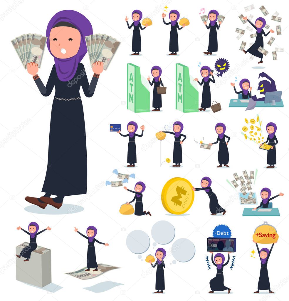 A set of women wearing hijab with concerning money and economy.There are also actions on success and failure.It's vector art so it's easy to edit.