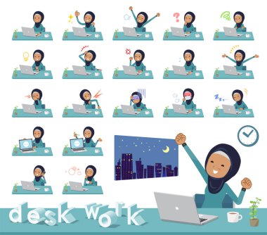 Yaşlı kadın Danışma çalışmalarına hijab giyen kümesi. Duygu ve yorgunluk gibi çeşitli eylemler vardır. Böylece düzenlemek kolaydır vektör sanat değil.