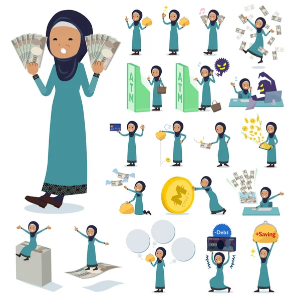 Satu Set Wanita Tua Mengenakan Jilbab Dengan Tentang Uang Dan - Stok Vektor