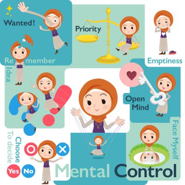 Birtakım duyguları kontrol hijab giyen kadınlar. Resim resimler öz duygu ifade çeşitli. Böylece düzenlemek kolaydır vektör sanat değil.