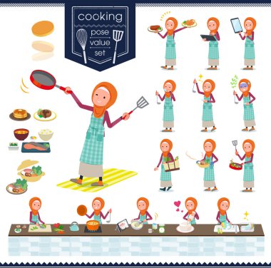 Yemek hakkında hijab giyen kadınlar kümesi. Mutfakta çeşitli şekillerde yemek eylem vardır. Böylece düzenlemek kolaydır vektör sanat değil.