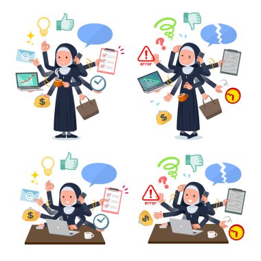 A set of Nun women who perform multitasking in the office.There are things to do smoothly and a pattern that is in a panic.It's vector art so it's easy to edit. clipart