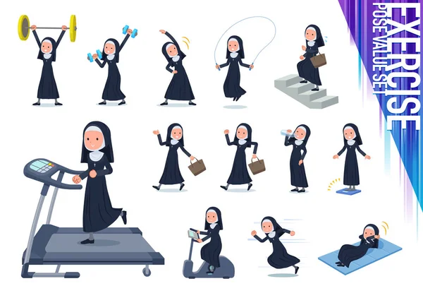 Set Nun Women Exercise Sports Various Actions Move Body Healthy — Stock Vector