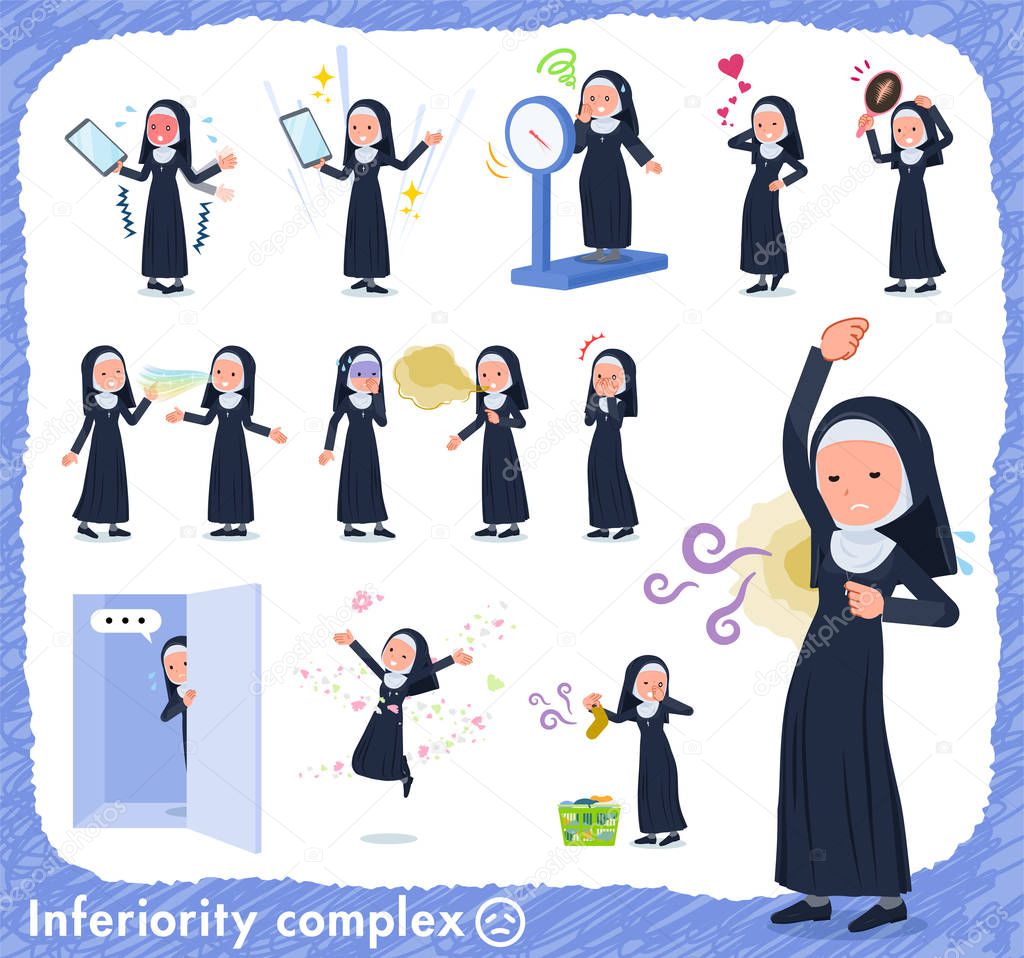 A set of Nun women on inferiority complex.There are actions suffering from smell and appearance.It's vector art so it's easy to edit.