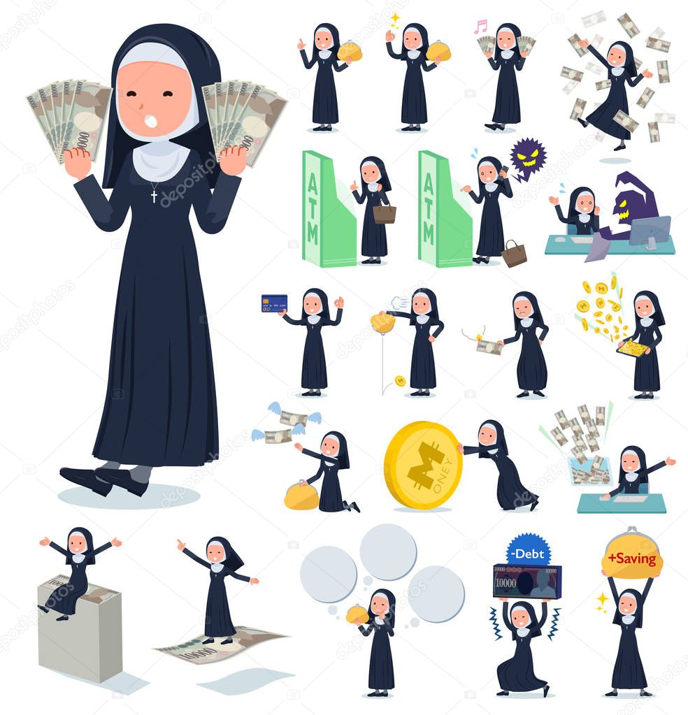 A set of Nun women with concerning money and economy.There are also actions on success and failure.It's vector art so it's easy to edit.