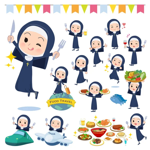 Conjunto Monjas Mujeres Eventos Alimentarios Hay Acciones Que Tienen Tenedor — Vector de stock