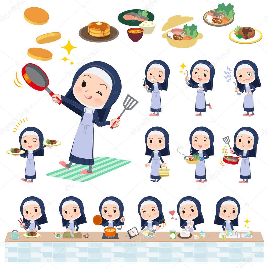 A set of Nun women about cooking.There are actions that are cooking in various ways in the kitchen.It's vector art so it's easy to edit.