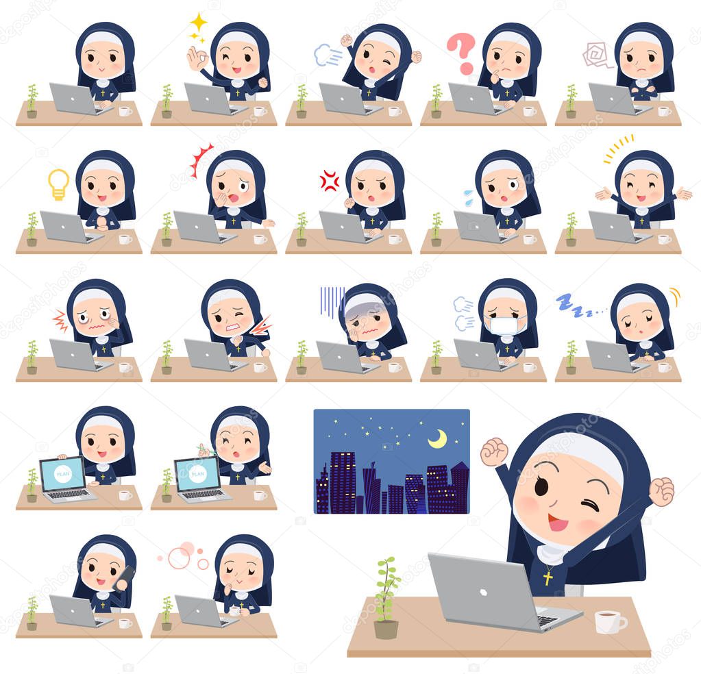 A set of Nun women on desk work.There are various actions such as feelings and fatigue.It's vector art so it's easy to edit.