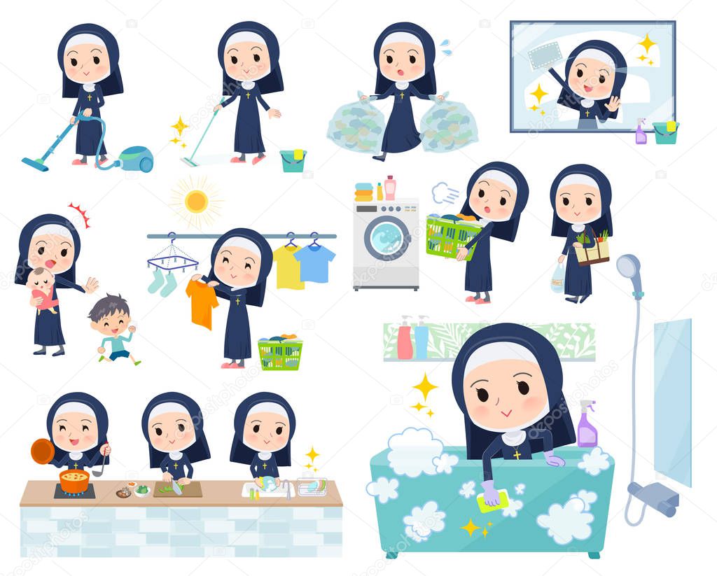 A set of Nun women related to housekeeping such as cleaning and laundry.There are various actions such as cooking and child rearing.It's vector art so it's easy to edit.