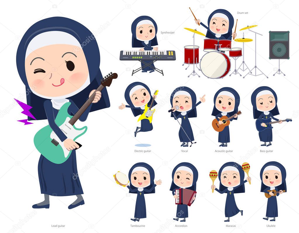 A set of Nun women playing rock 'n' roll and pop music.There are also various instruments such as ukulele and tambourine.It's vector art so it's easy to edit.