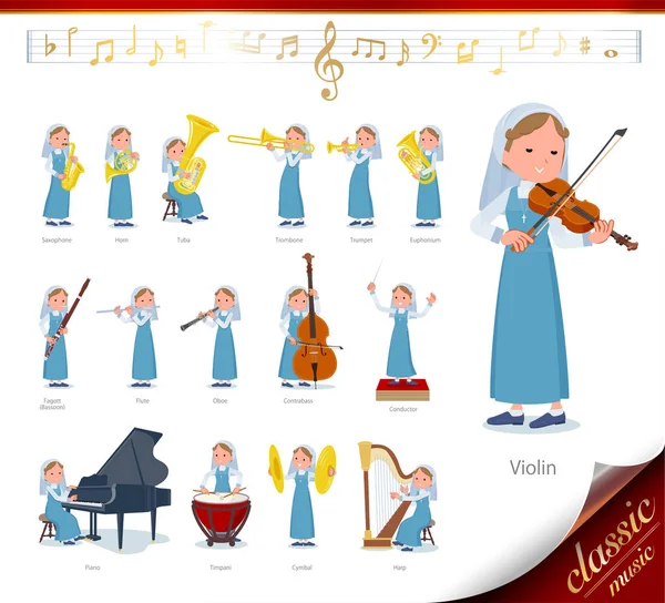 一组在古典音乐表演上的修女女 有行动 以发挥各种乐器 如弦乐器和风力仪器 它的矢量艺术 所以它很容易编辑 — 图库矢量图片