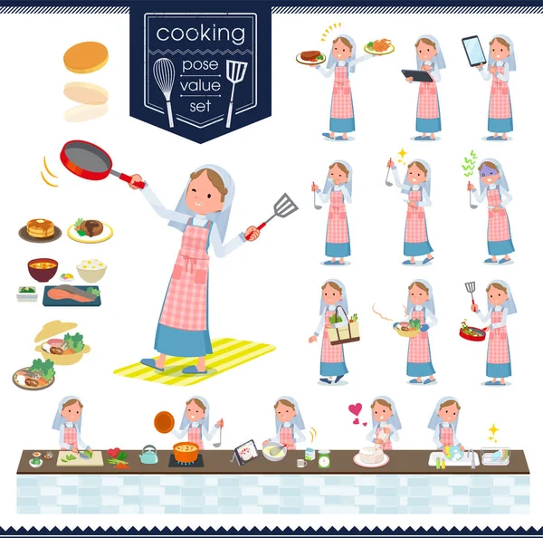 Conjunto Monjas Mujeres Sobre Cooking Son Acciones Que Cocinan Varias — Vector de stock