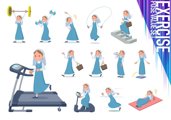 Set Nun Women Exercise Sports Various Actions Move Body Healthy — Stock Vector