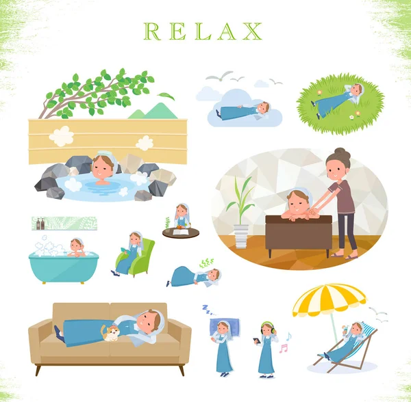 Conjunto Mulheres Nun Sobre Relaxamento Ações Como Férias Alívio Estresse —  Vetores de Stock